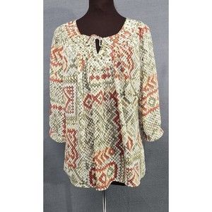 Alfred Dunner Womens Sz 12P Semi‎ Sheer Snakeskin Pattern Keyhole Accent Top Tan